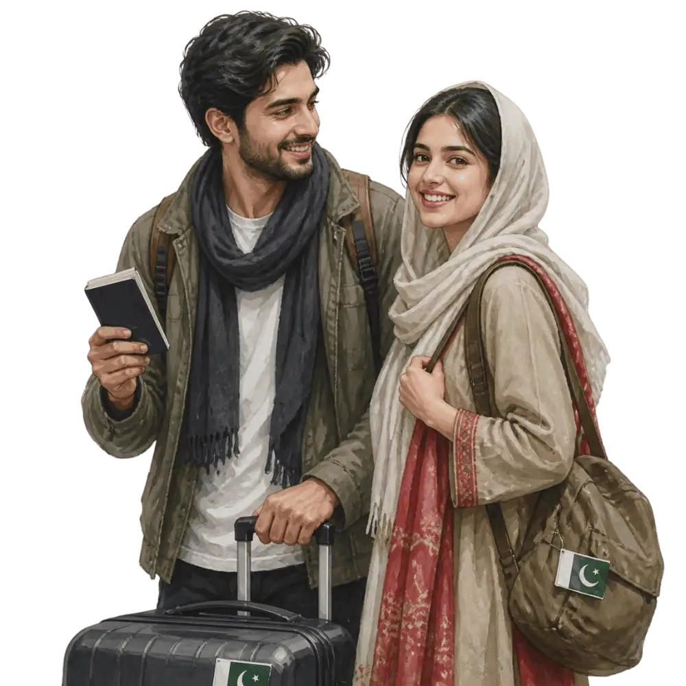 Travellers with backpacks, a camera and a flag tag representing travel from Pakistan to Canada