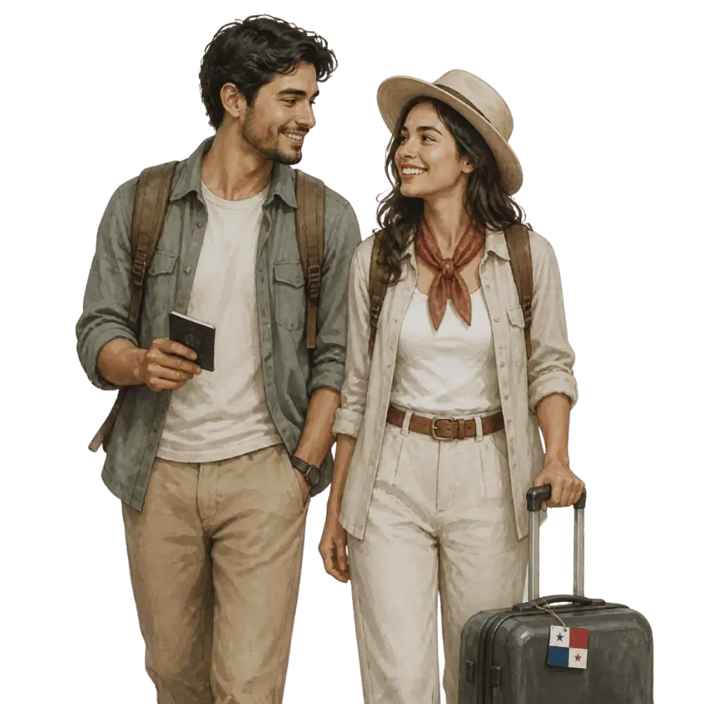 Travellers with backpacks, a camera and a flag tag representing travel from Panama to Canada