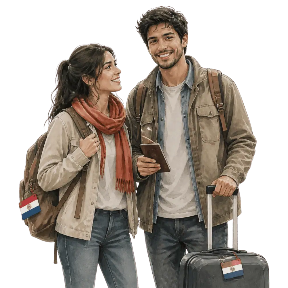Travellers with backpacks, a camera and a flag tag representing travel from Paraguay to Canada