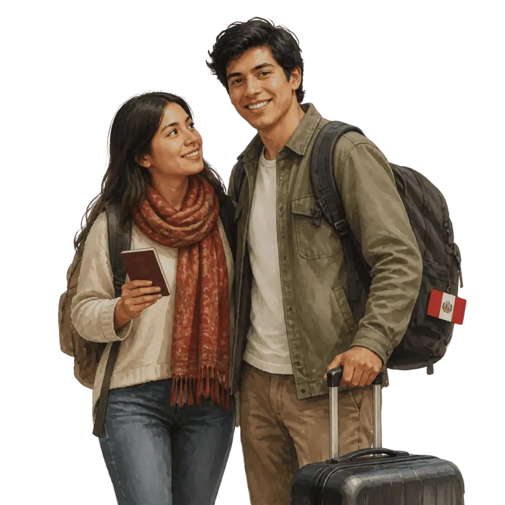Travellers with backpacks, a camera and a flag tag representing travel from Peru to Canada