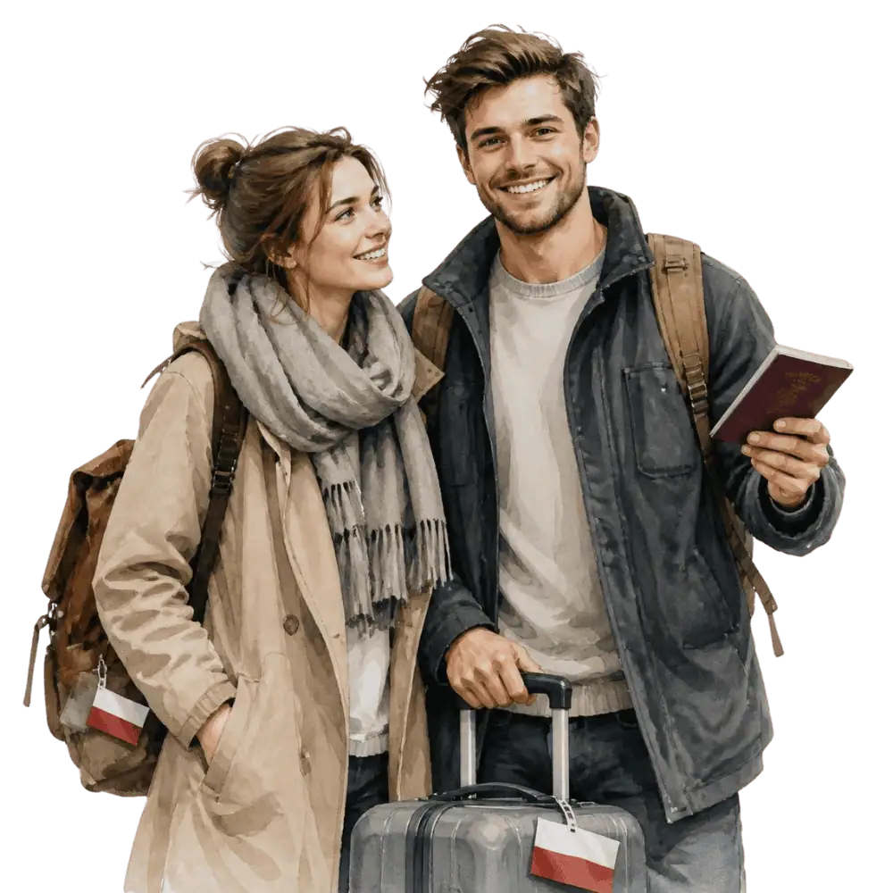 Travellers with backpacks, a camera and a flag tag representing travel from Poland to Canada