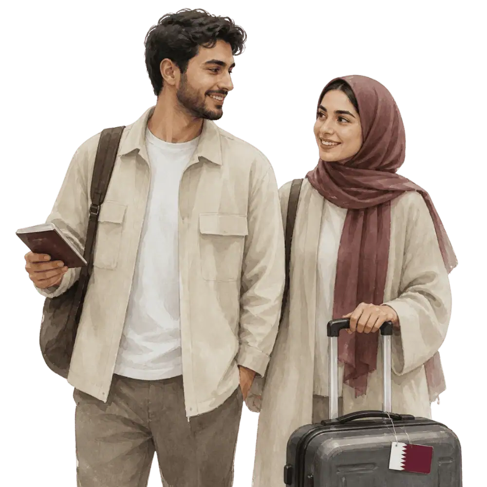 Travellers with backpacks, a camera and a flag tag representing travel from Qatar to Canada