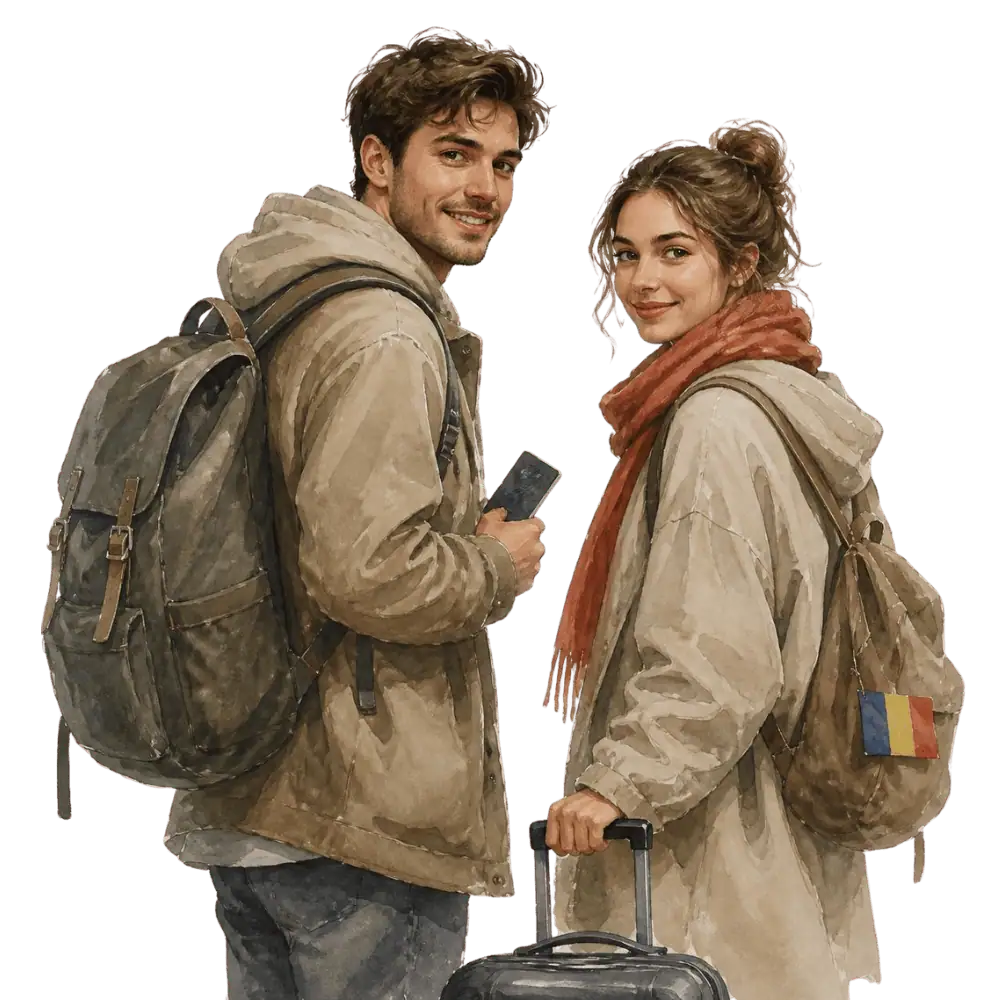 Travellers with backpacks, a camera and a flag tag representing travel from Romania to Canada