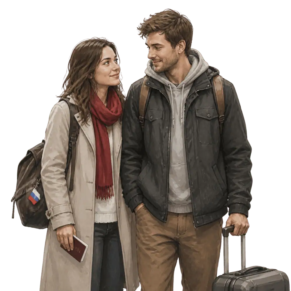 Travellers with backpacks, a camera and a flag tag representing travel from Russia to Canada