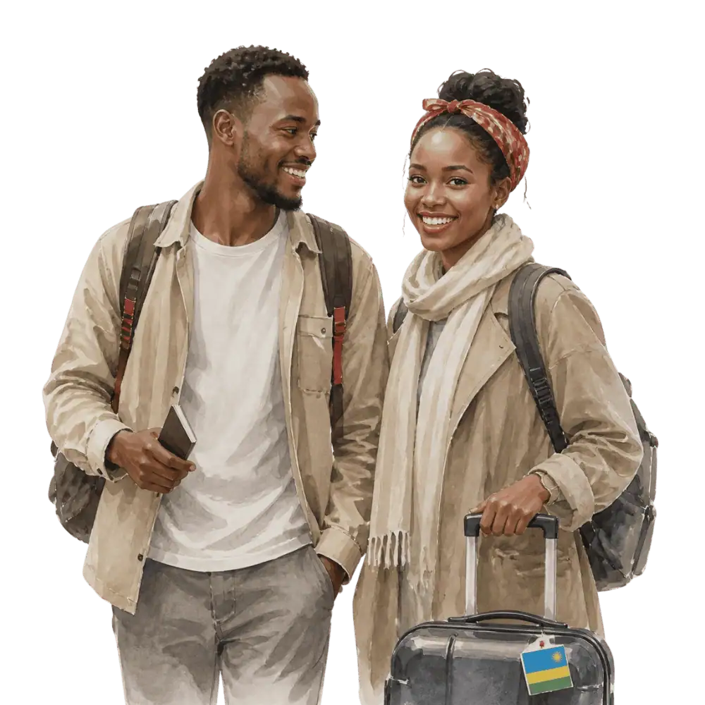 Travellers with backpacks, a camera and a flag tag representing travel from Rwanda to Canada