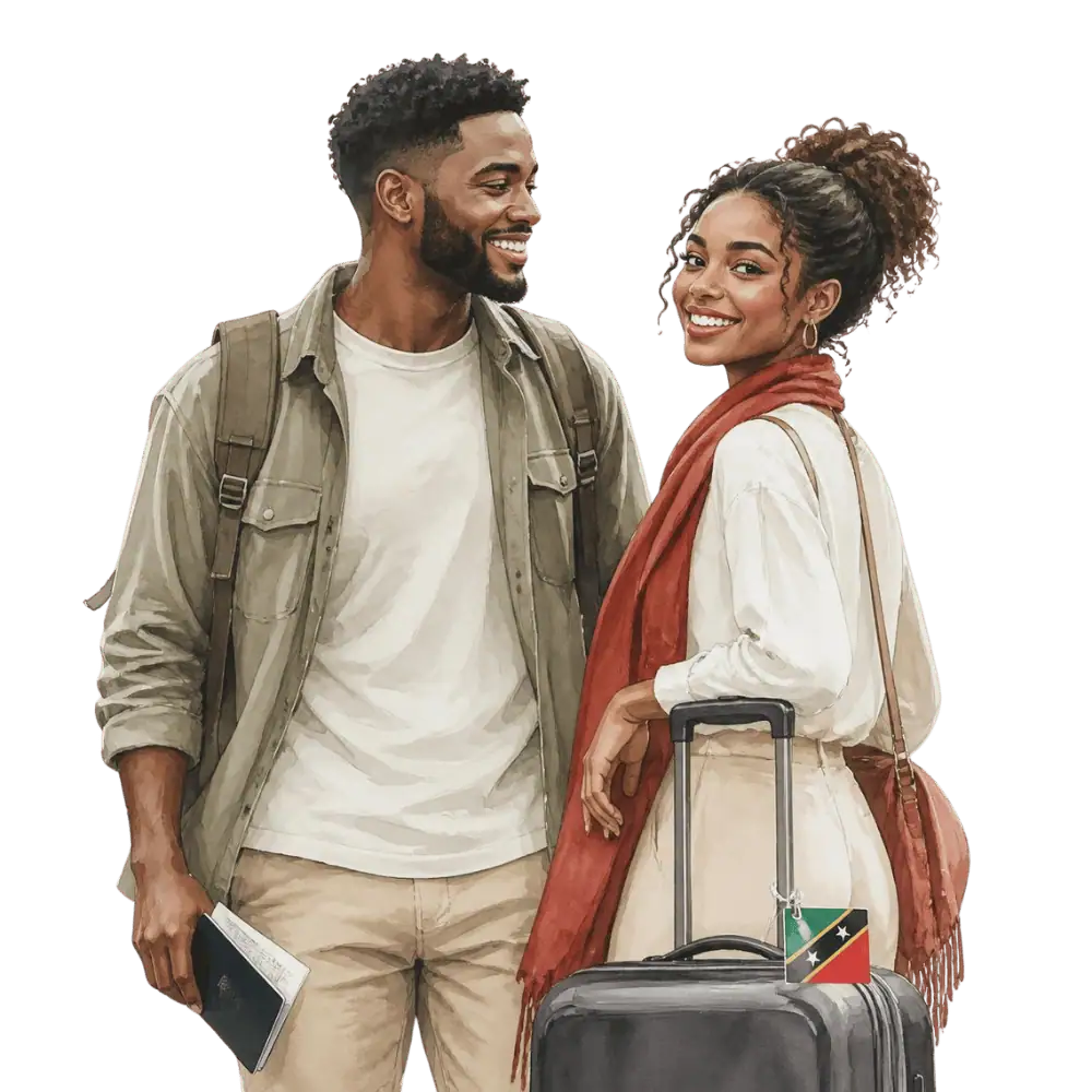 Travellers with backpacks, a camera and a flag tag representing travel from Saint Kitts and Nevis to Canada
