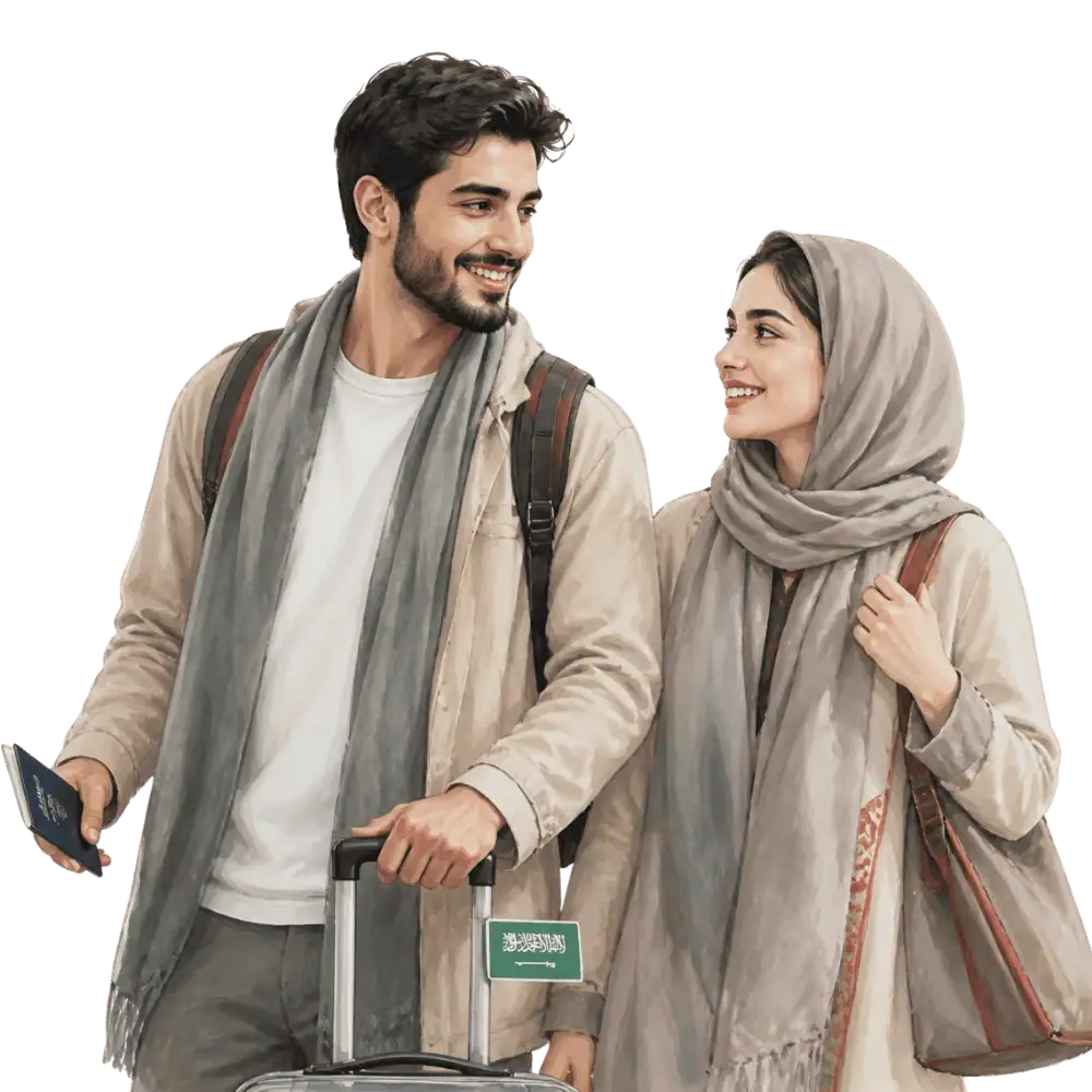 Travellers with backpacks, a camera and a flag tag representing travel from Saudi Arabia to Canada