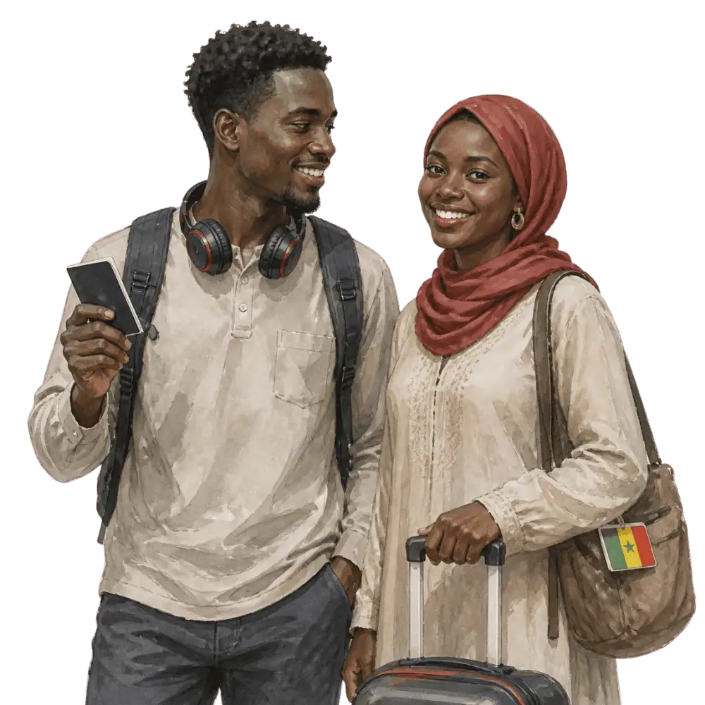 Travellers with backpacks, a camera and a flag tag representing travel from Senegal to Canada