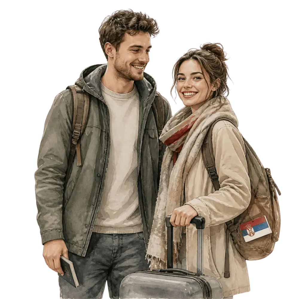 Travellers with backpacks, a camera and a flag tag representing travel from Serbia to Canada