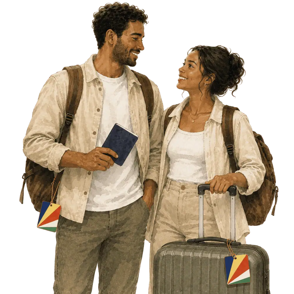 Travellers with backpacks, a camera and a flag tag representing travel from Seychelles to Canada