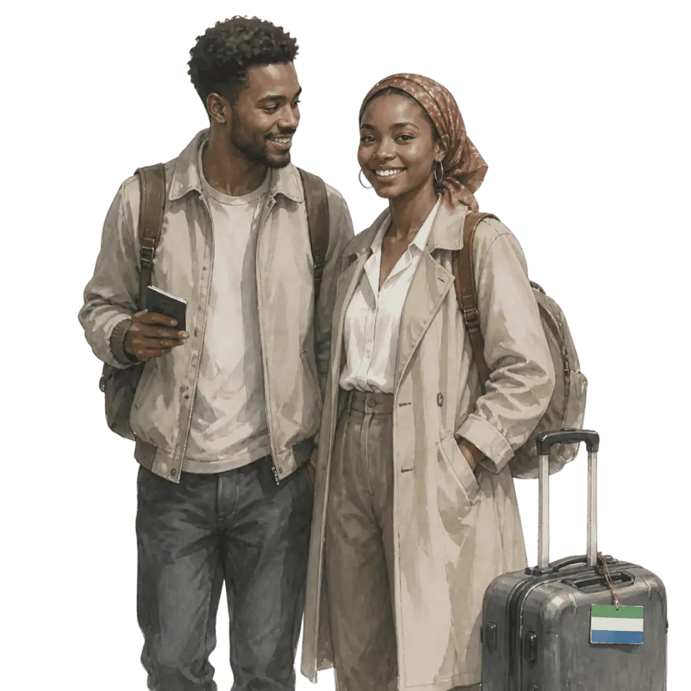 Travellers with backpacks, a camera and a flag tag representing travel from Sierra Leone to Canada