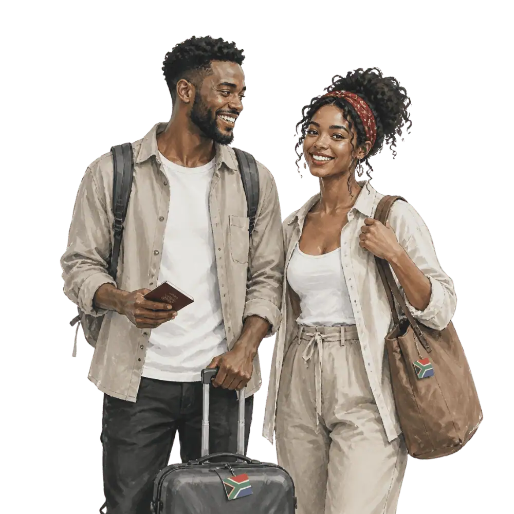Travellers with backpacks, a camera and a flag tag representing travel from South Africa to Canada