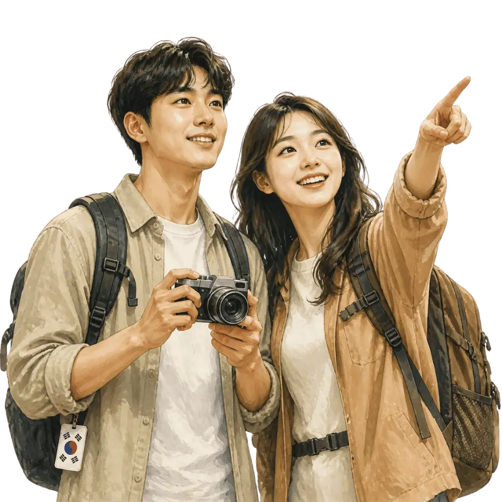 Travellers with backpacks, a camera and a flag tag representing travel from South Korea to Canada