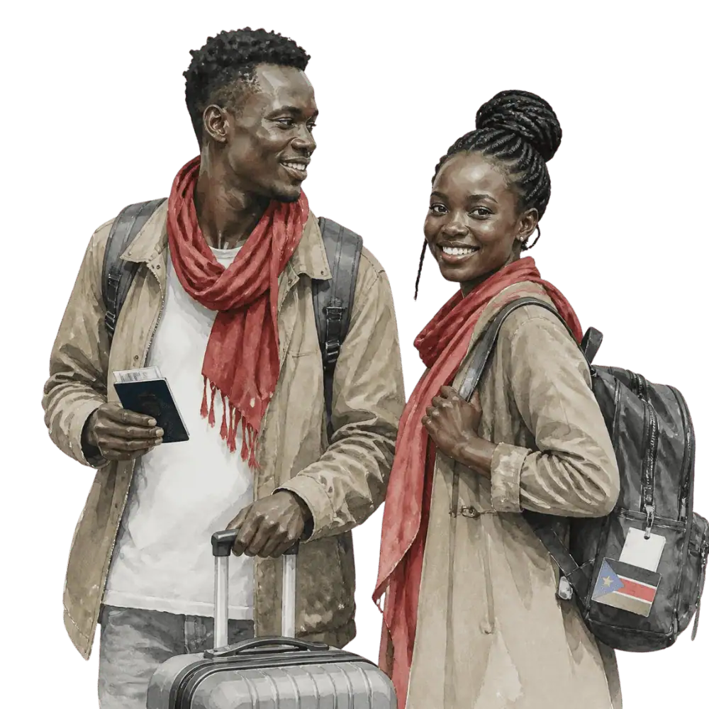 Travellers with backpacks, a camera and a flag tag representing travel from South Sudan to Canadaa
