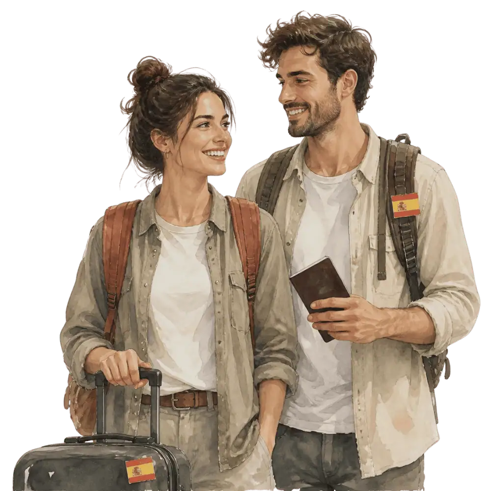 Travellers with backpacks, a camera and a flag tag representing travel from Spain to Canada