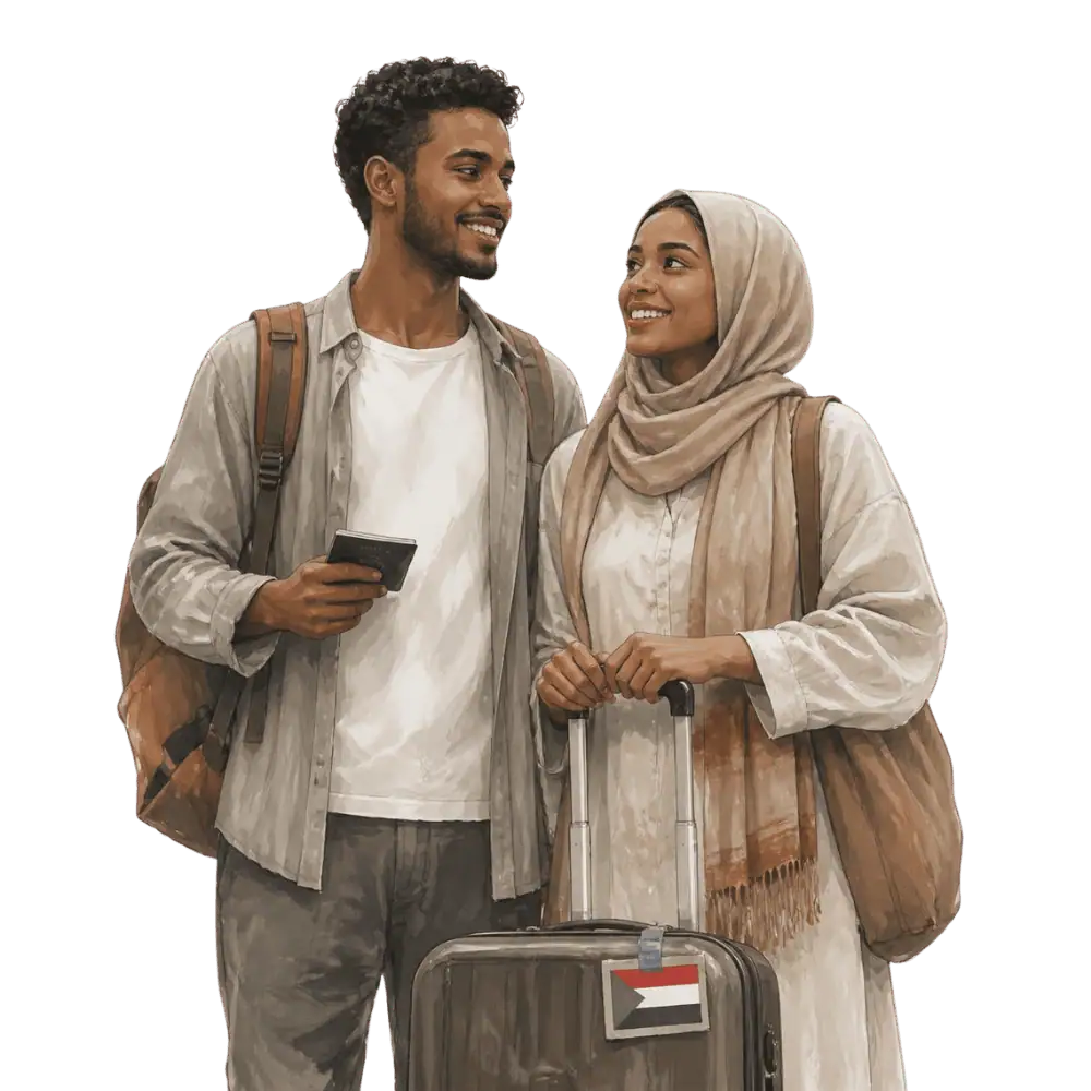 Travellers with backpacks, a camera and a flag tag representing travel from Sudan to Canada
