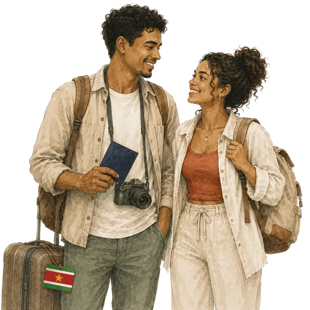Travellers with backpacks, a camera and a flag tag representing travel from Suriname to Canada