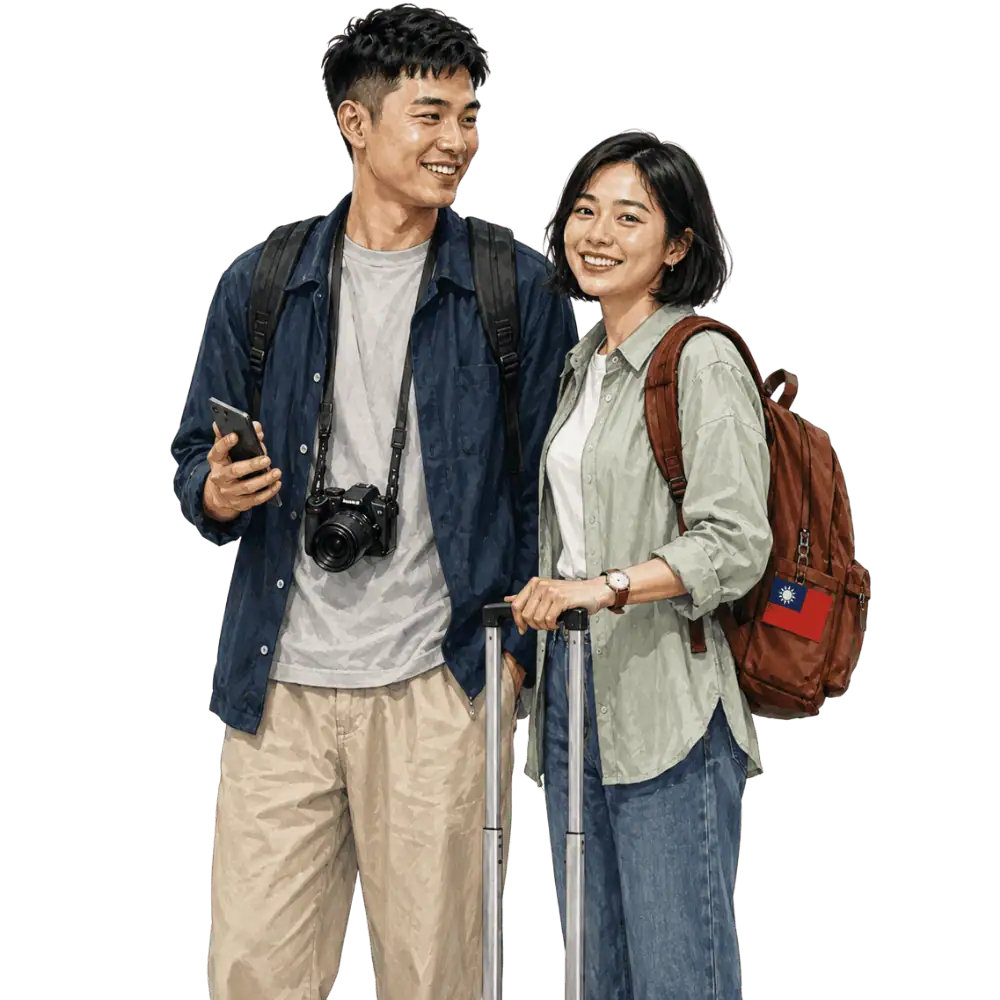 Travellers with backpacks, a camera and a flag tag representing travel from Taiwan to Canada