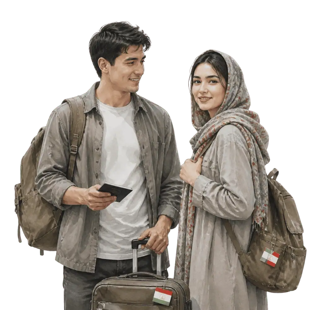 Travellers with backpacks, a camera and a flag tag representing travel from Tajikistan to Canada
