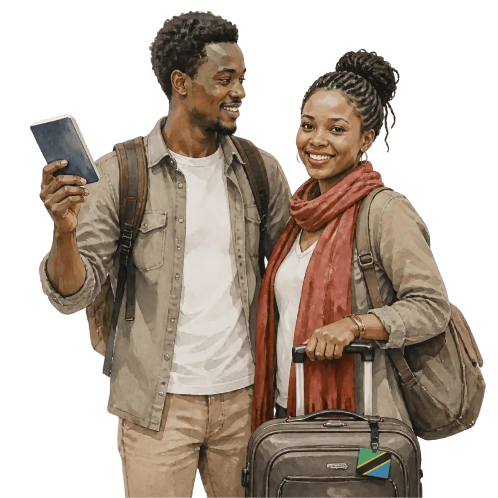 Travellers with backpacks, a camera and a flag tag representing travel from Tanzania to Canada
