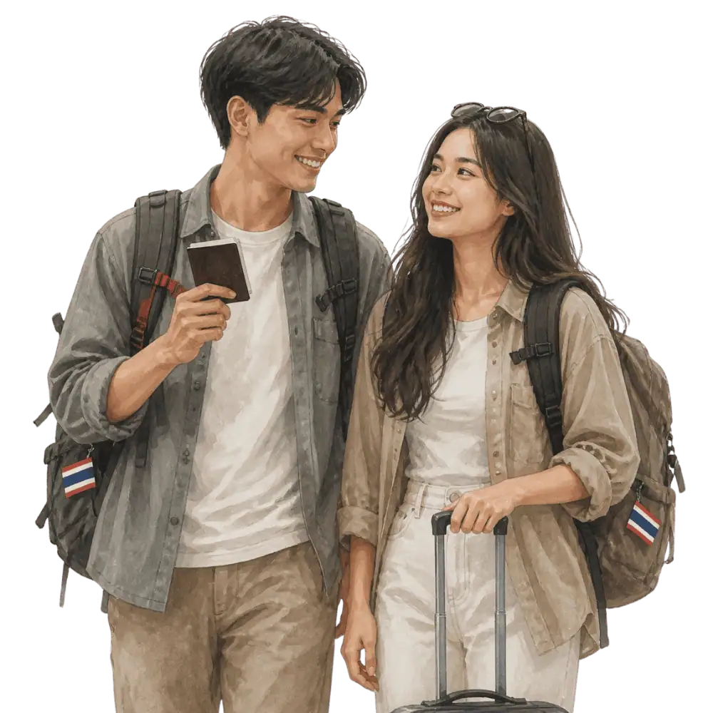 Travellers with backpacks, a camera and a flag tag representing travel from Thailand to Canada