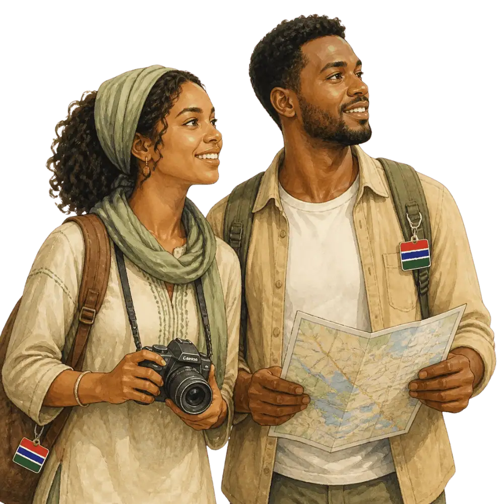 gambia.webp Travellers with backpacks, a camera and a flag tag representing travel from The Gambia to Canada