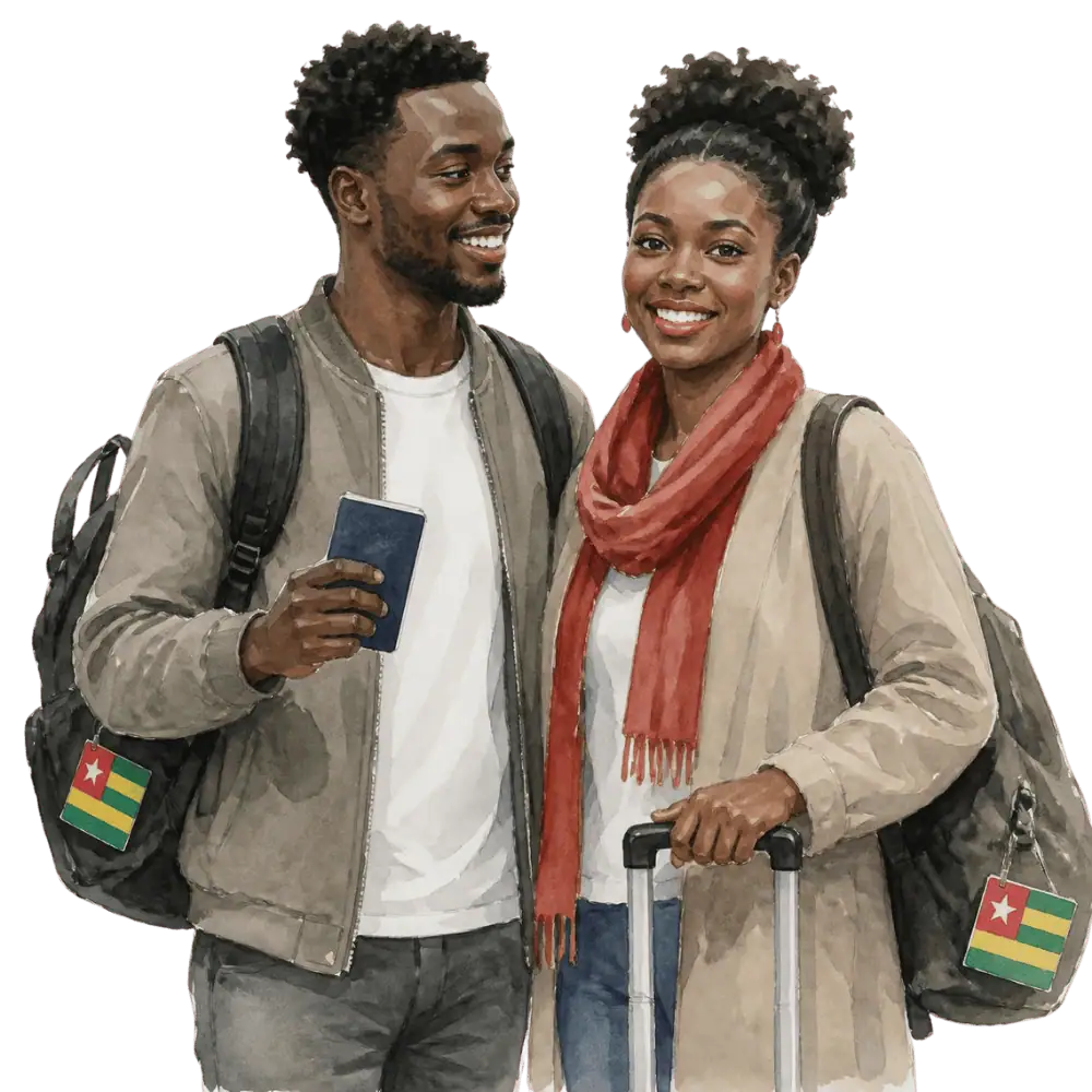Travellers with backpacks, a camera and a flag tag representing travel from Togo to Canada