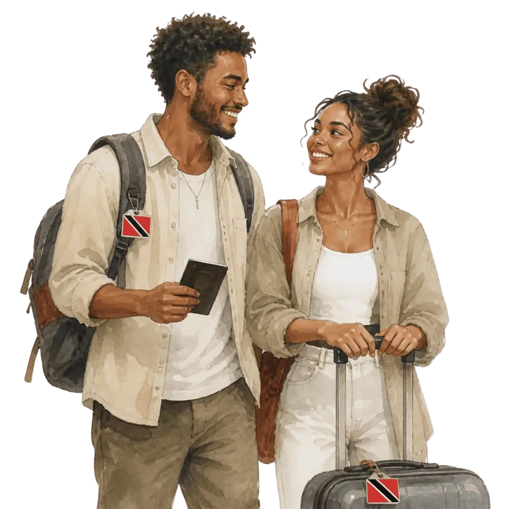 Travellers with backpacks, a camera and a flag tag representing travel from Trinidad and Tobago to Canada