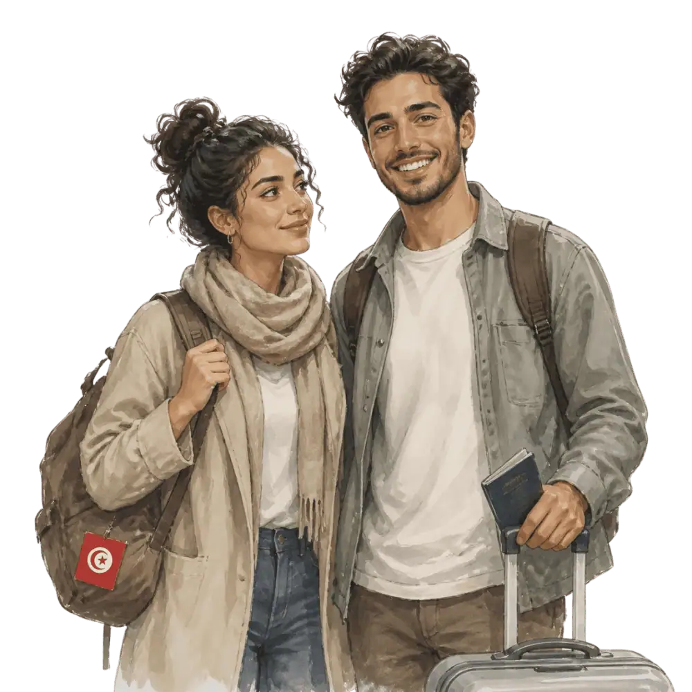 Travellers with backpacks, a camera and a flag tag representing travel from Tunisia to Canada