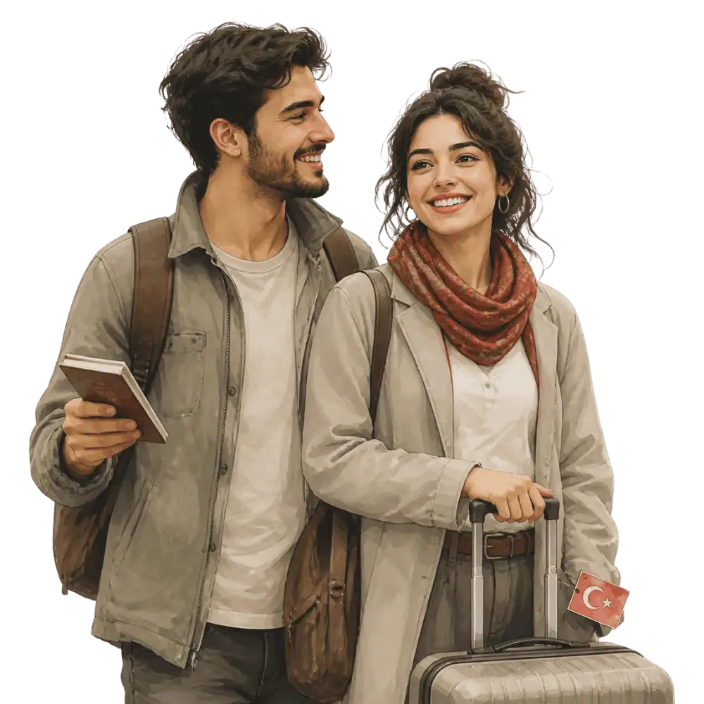 Travellers with backpacks, a camera and a flag tag representing travel from Türkiye to Canada