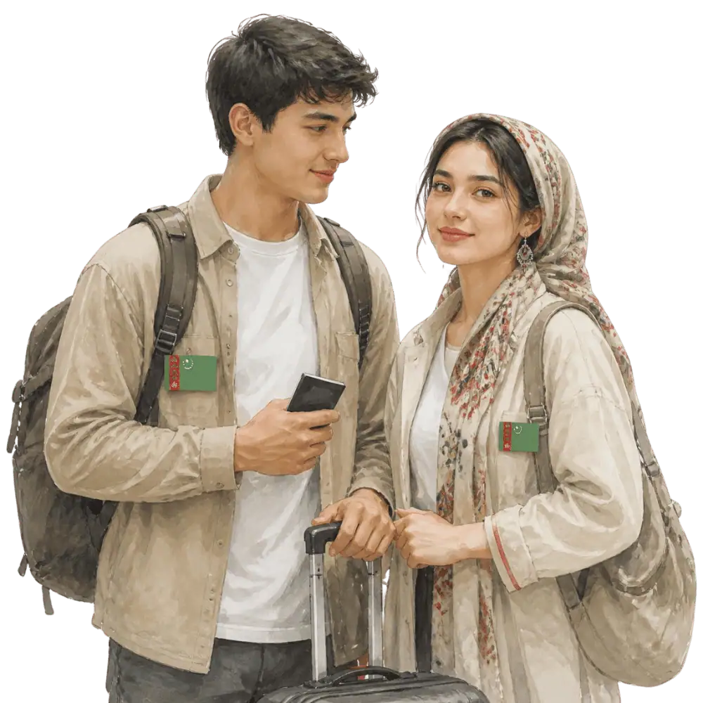 Travellers with backpacks, a camera and a flag tag representing travel from Turkmenistan to Canada