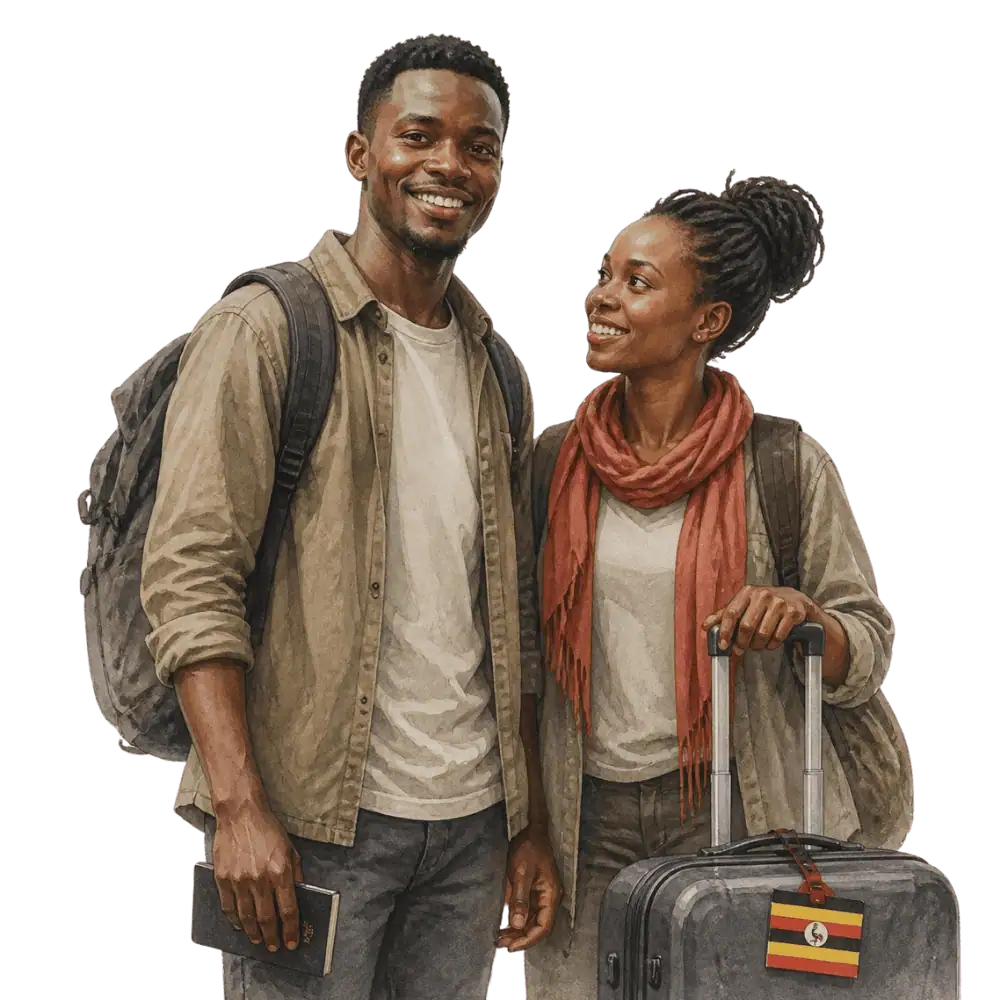 Travellers with backpacks, a camera and a flag tag representing travel from Uganda to Canada