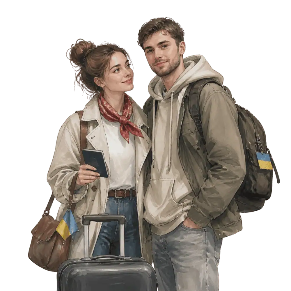 Travellers with backpacks, a camera and a flag tag representing travel from Ukraine to Canada