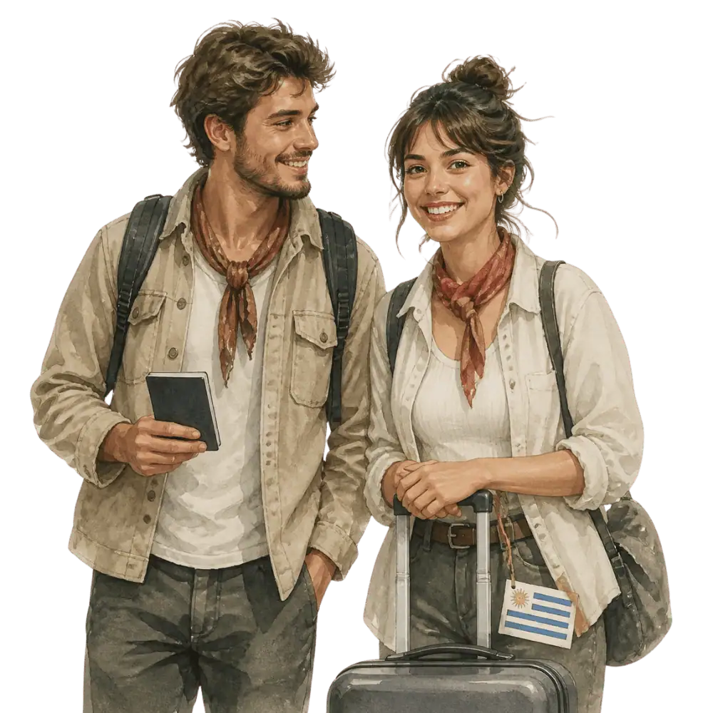 Travellers with backpacks, a camera and a flag tag representing travel from Uruguay to Canada