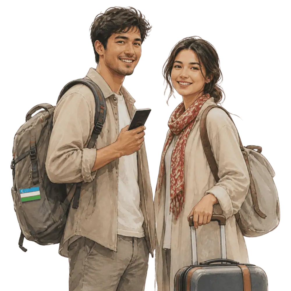 Travellers with backpacks, a camera and a flag tag representing travel from Uzbekistan to Canada