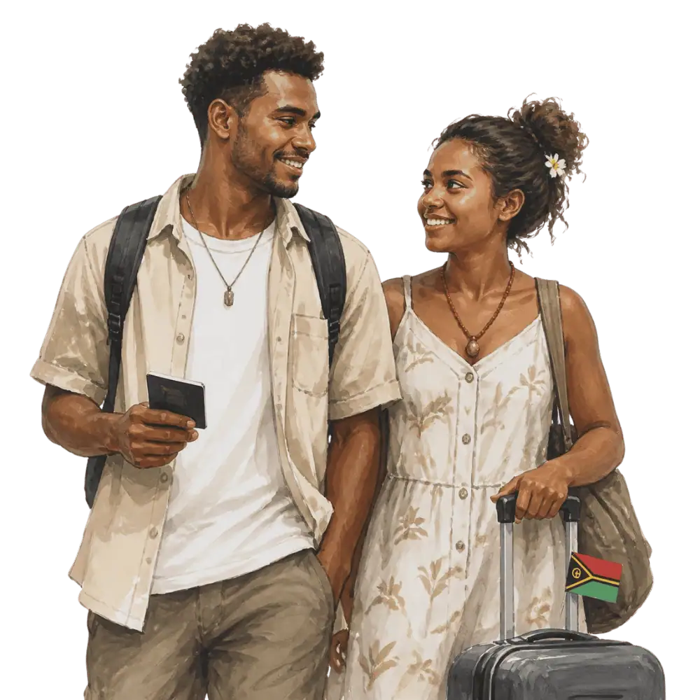 Travellers with backpacks, a camera and a flag tag representing travel from Vanuatu to Canada