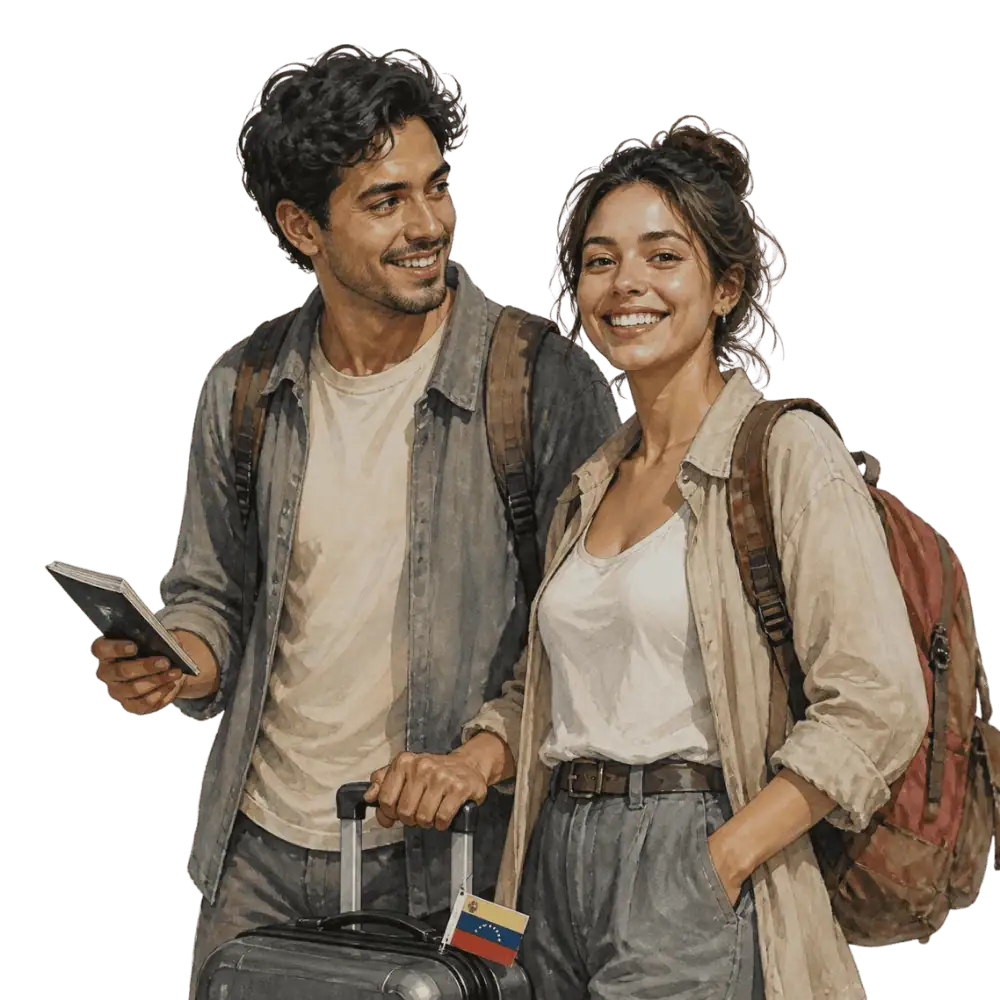 Travellers with backpacks, a camera and a flag tag representing travel from Venezuela to Canada