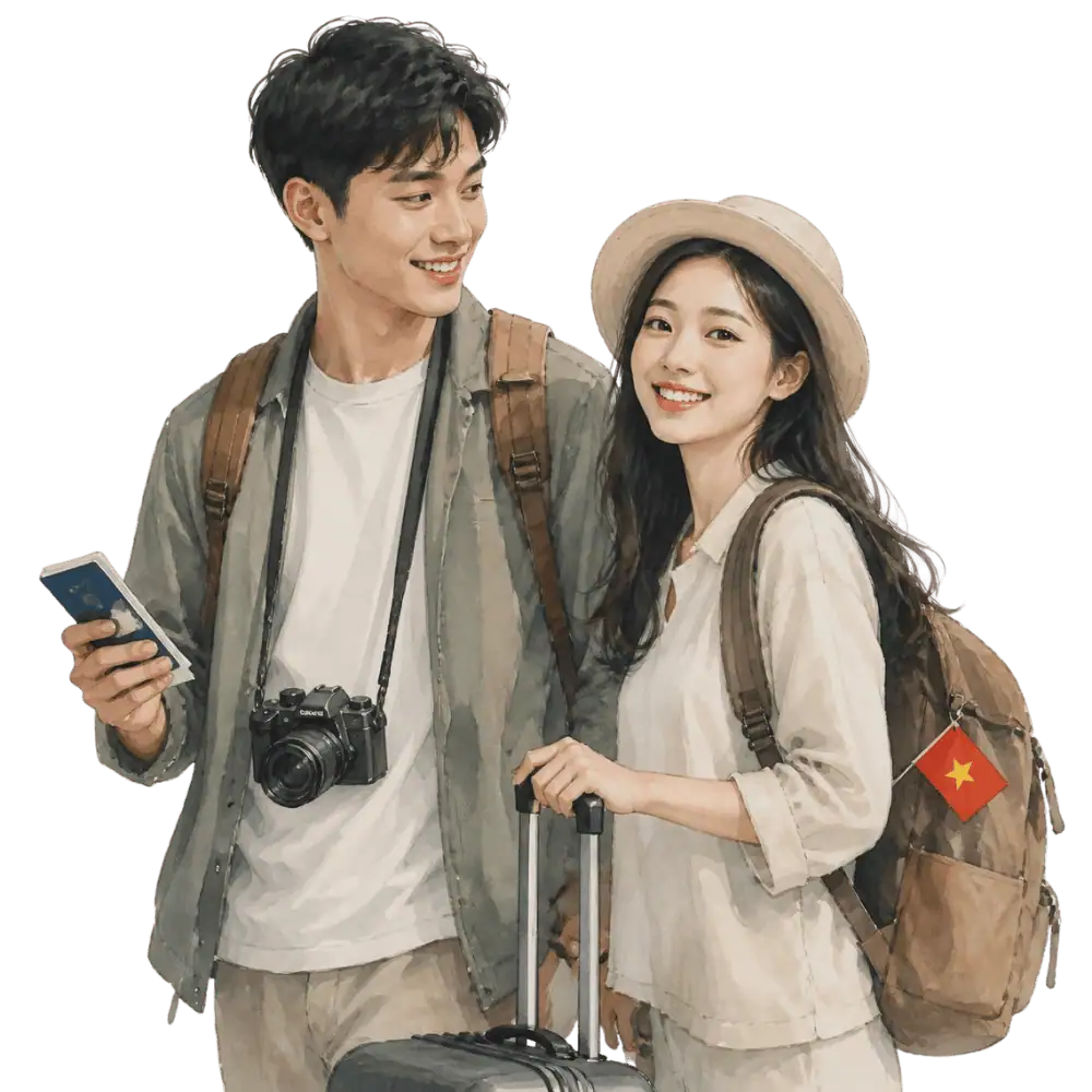 Travellers with backpacks, a camera and a flag tag representing travel from Vietnam to Canada