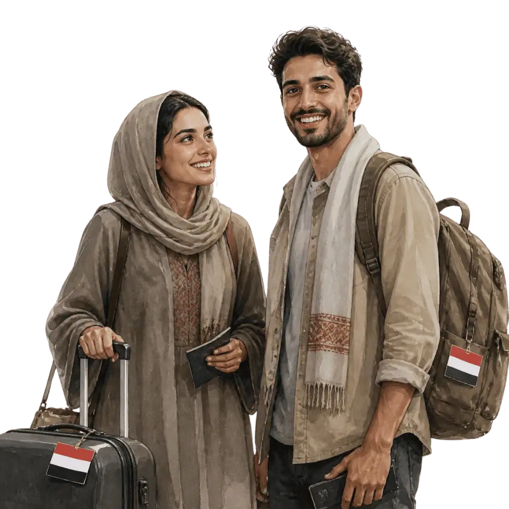 Travellers with backpacks, a camera and a flag tag representing travel from Yemen to Canada
