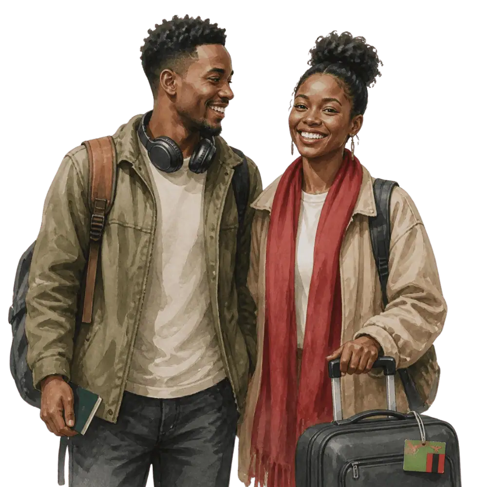 Travellers with backpacks, a camera and a flag tag representing travel from Zambia to Canada