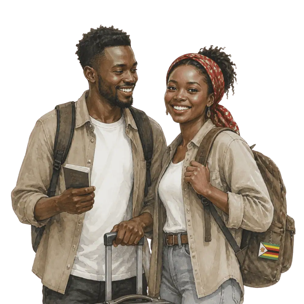 Travellers with backpacks, a camera and a flag tag representing travel from Zimbabwe to Canada