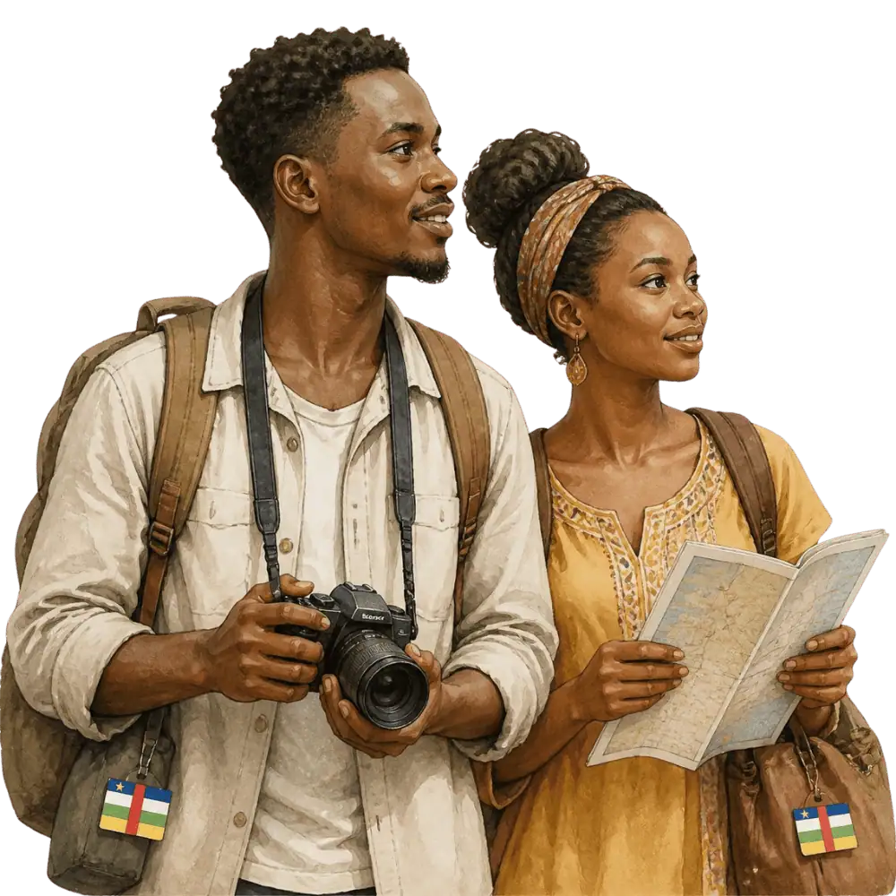 Travellers with backpacks, a camera and a flag tag representing travel from the Central African Republic to Canada