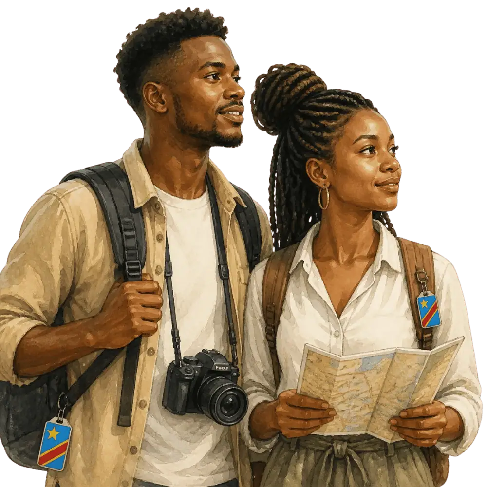 Travellers with backpacks, a camera and a flag tag representing travel from the Democratic Republic of the Congo to Canada