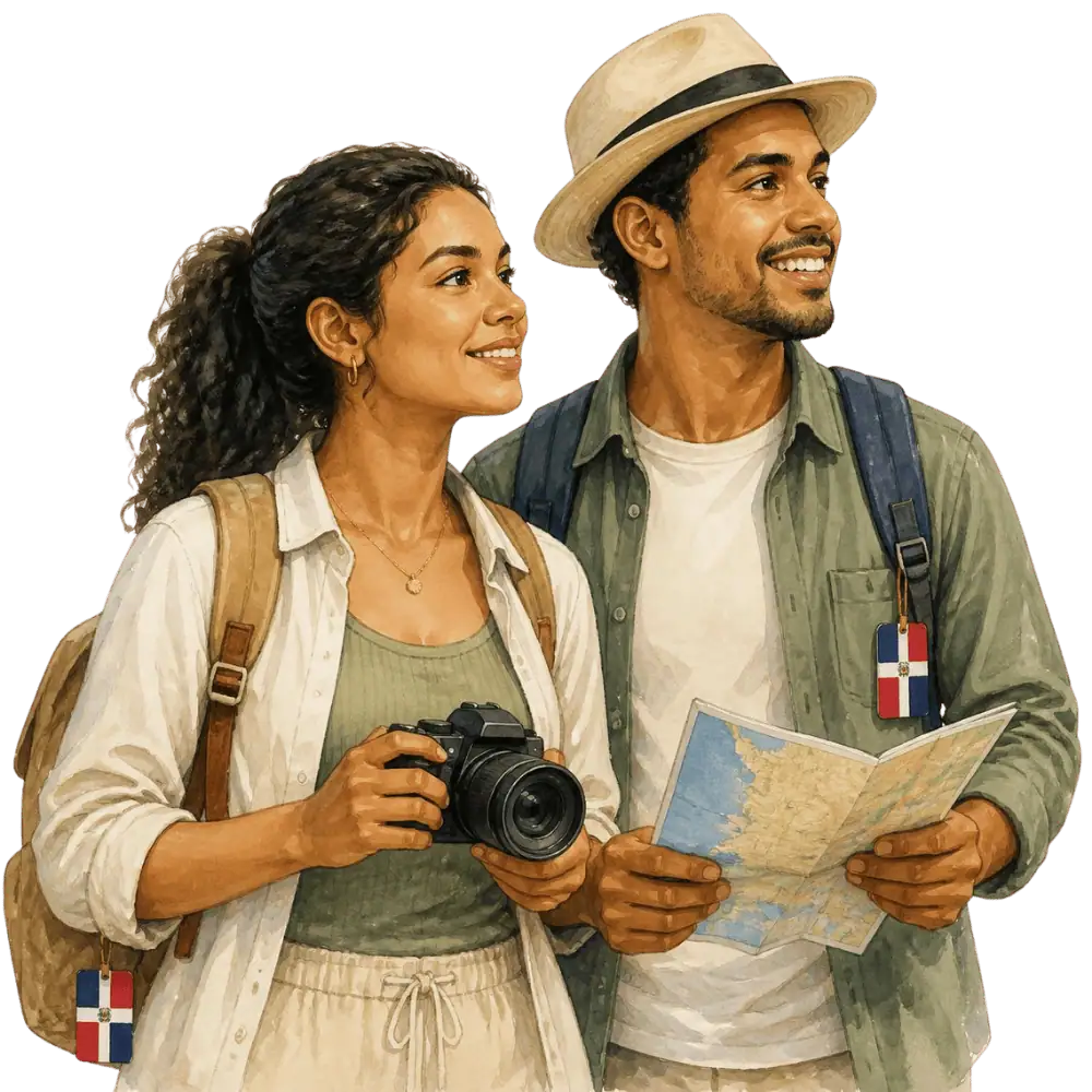 Travellers with backpacks, a camera and a flag tag representing travel from the Dominican Republic to Canada