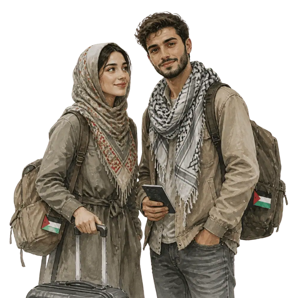 Travellers with backpacks, a camera and a flag tag representing travel from the Palestinian Territories to Canada