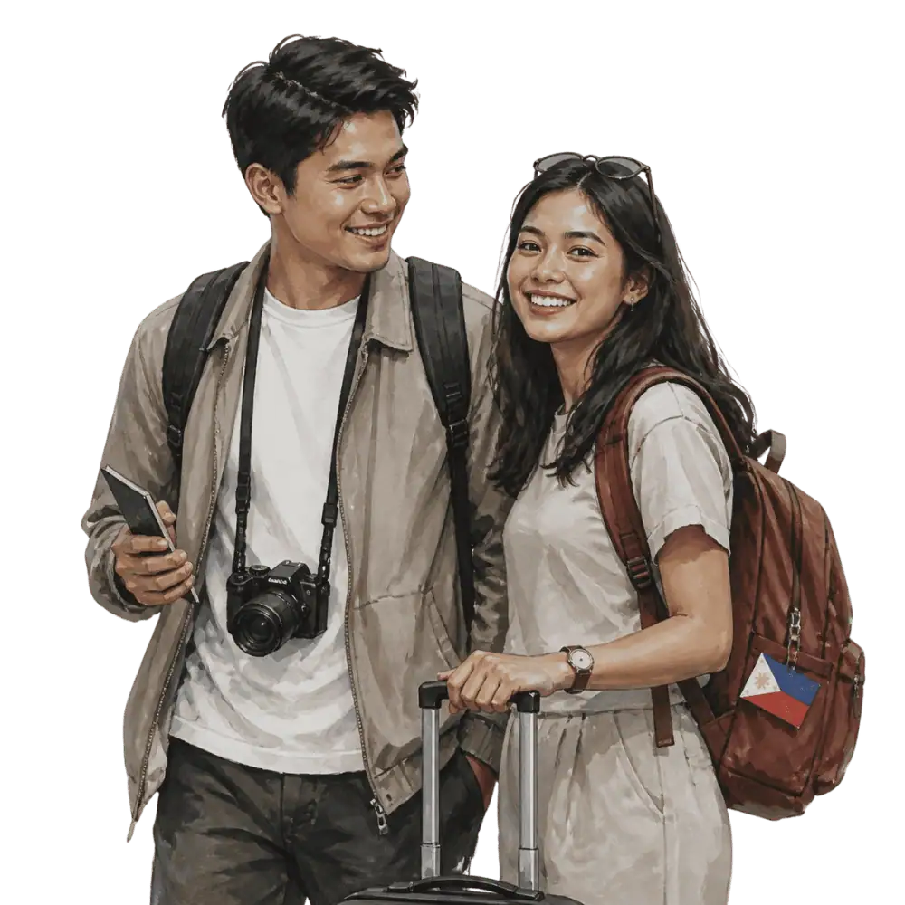 Travellers with backpacks, a camera and a flag tag representing travel from the Philippines to Canada