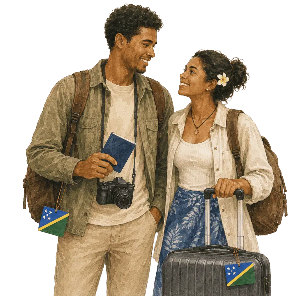 Travellers with backpacks, a camera and a flag tag representing travel from the Solomon Islands to Canada