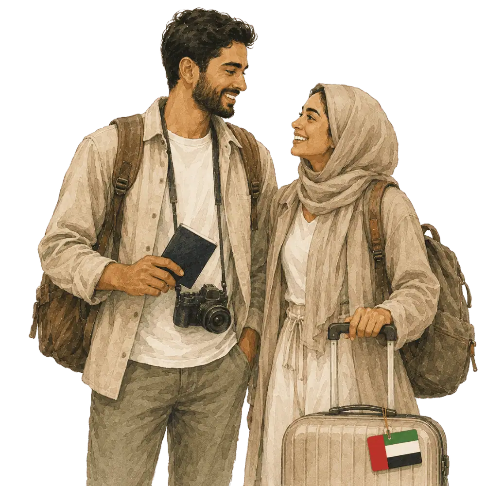 Travellers with backpacks, a camera and a flag tag representing travel from the UAE to Canada