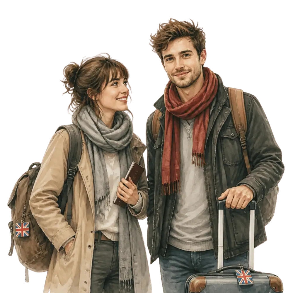 Travellers with backpacks, a camera and a flag tag representing travel from the United Kingdom to Canada