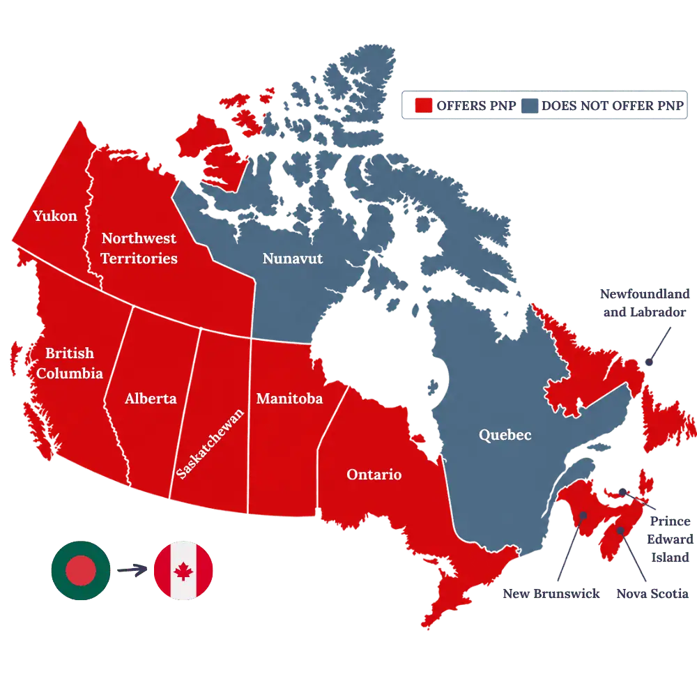 Map of Canada showing provinces and territories offering Provincial Nominee Programs for applicants from Bangladesh